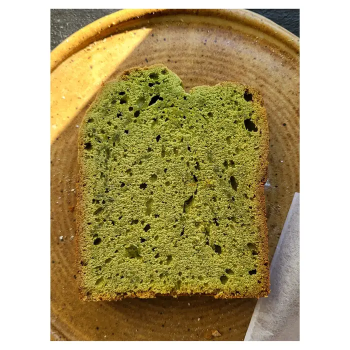 Matcha ricotta pound cake slice