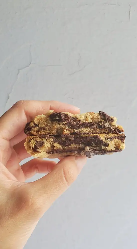 Chocolate swirl cookie, split in half