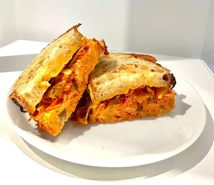 Kimchi grilled cheese sandwich on toasted sourdough